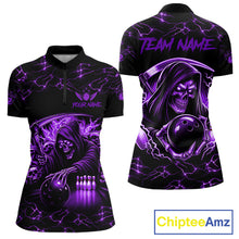 Load image into Gallery viewer, Custom purple grim reaper lightning bowling team quarter zip shirt for women, skull bowling league jersey with lightning design.