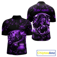 Load image into Gallery viewer, Custom purple grim reaper lightning bowling team quarter zip shirt for men, skull bowling league jersey with lightning design.
