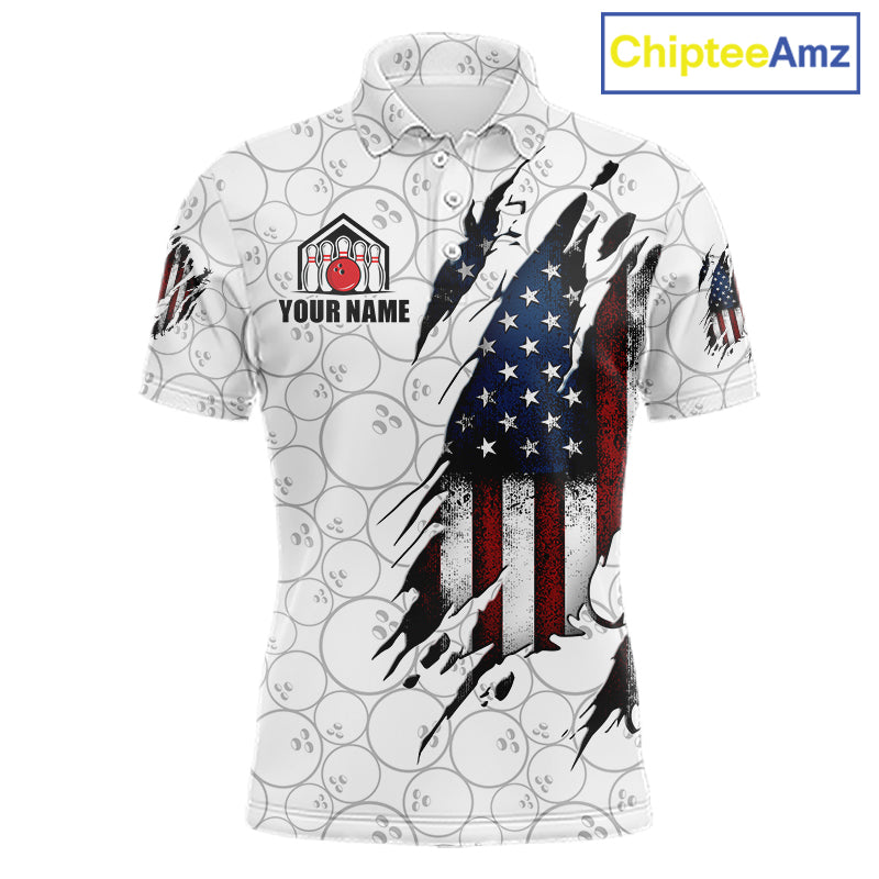 Vintage American flag white bowling polo shirt for men with patriotic team graphics.