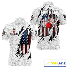 Load image into Gallery viewer, Vintage American flag white bowling polo shirt for men with patriotic team graphics.