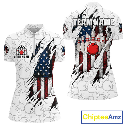 Vintage American flag white bowling quarter zip shirt for women designed for league play and tournaments.