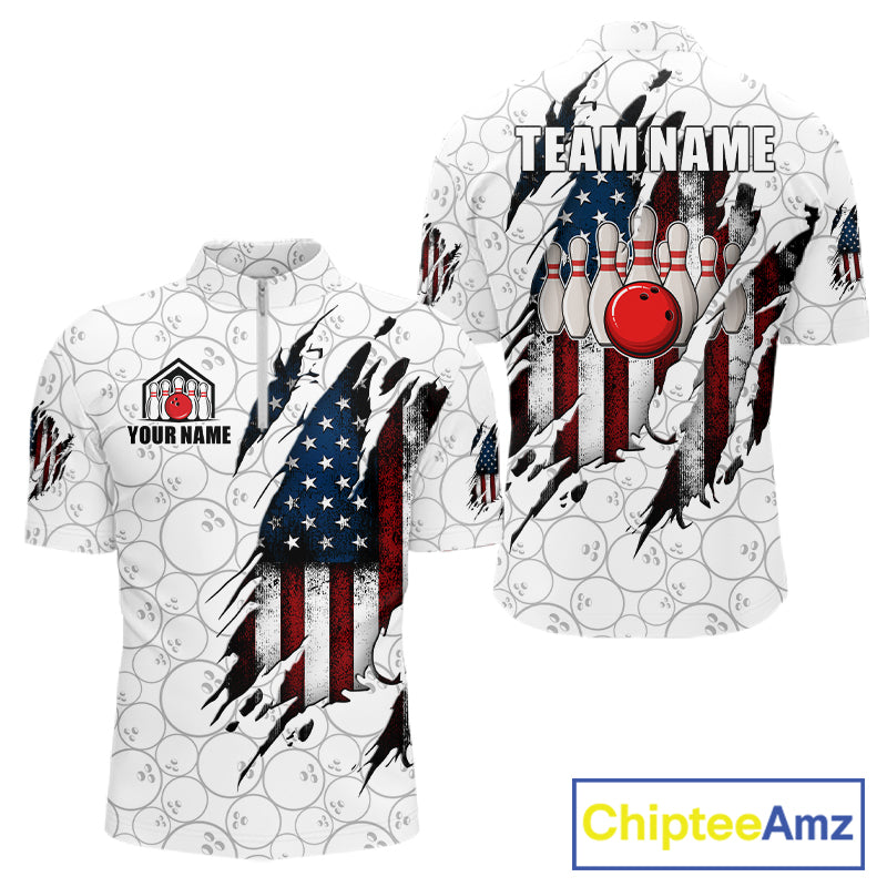 Vintage American flag white bowling quarter zip shirt for men designed for league play and tournaments.