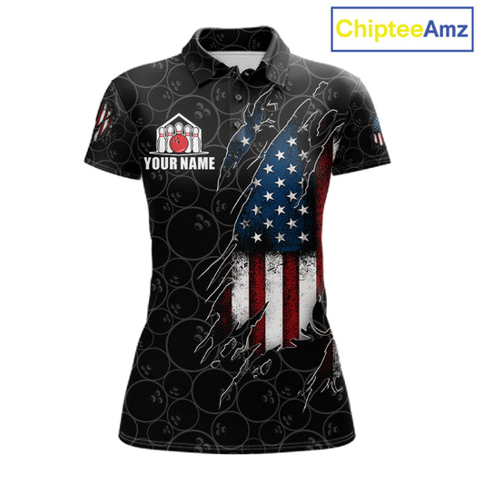 Vintage American flag black bowling polo shirt for women with patriotic team graphics.