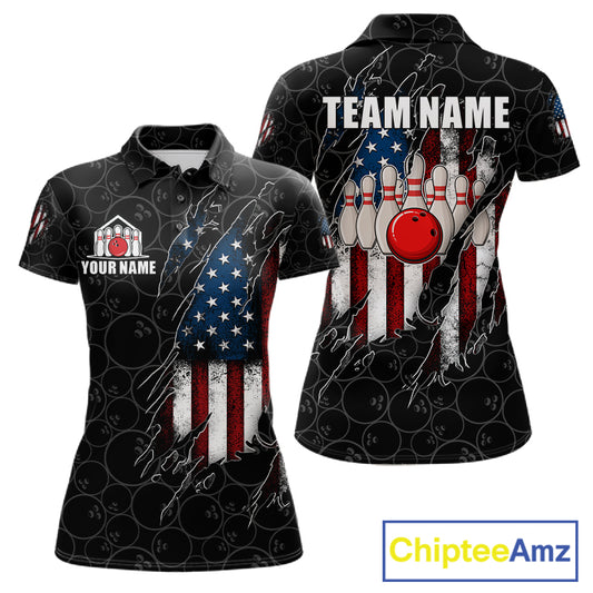 Vintage American flag black bowling polo shirt for women with patriotic team graphics.