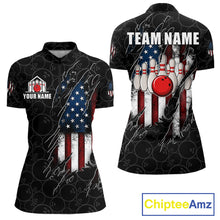 Load image into Gallery viewer, Vintage American flag black bowling quarter zip shirt for women built for league tournaments and team events.