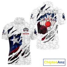 Load image into Gallery viewer, Smoke Texas flag white bowling polo shirt for men with patriotic bowling team graphics.