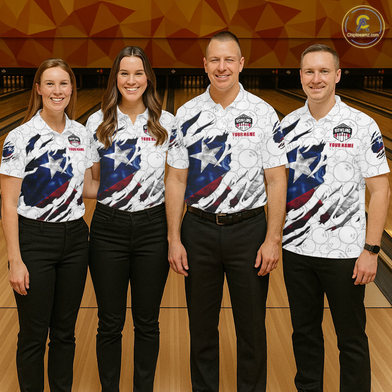 Bowling team wearing matching smoke Texas flag white bowling jerseys during league matches front view.