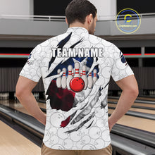 Load image into Gallery viewer, Back view of man wearing a smoke Texas flag white bowling quarter zip shirt in a bowling alley.