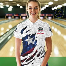 Load image into Gallery viewer, Woman wearing a smoke Texas flag white bowling quarter zip jersey during tournament play front view.