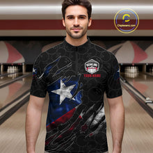 Load image into Gallery viewer, Man wearing a smoke Texas flag black bowling quarter zip jersey during league competition front view.