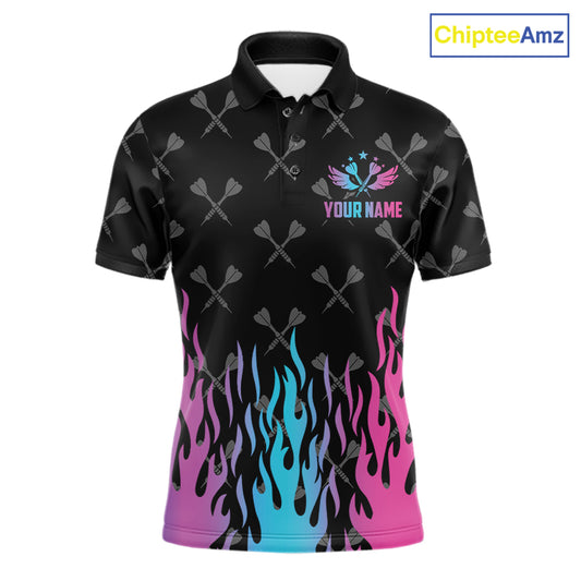 Dartboard neon fire flame darts polo shirt for men with custom darts team graphics.