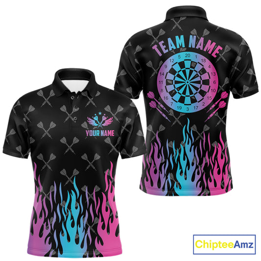 Dartboard neon fire flame darts polo shirt for men with custom darts team graphics.