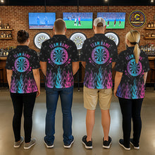 Load image into Gallery viewer, Back view of darts team wearing matching neon fire flame darts shirts at a darts venue.