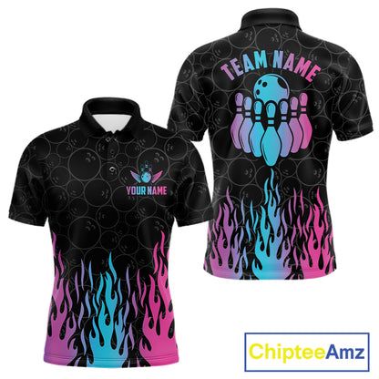 Fire flame neon bowling polo shirt for men with colorful custom team graphics.