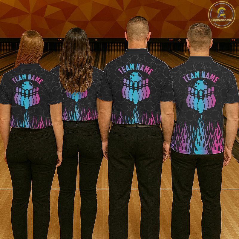 Back view of bowling team wearing matching fire flame bowling shirts in a bowling alley.
