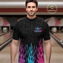 Load image into Gallery viewer, Man wearing a fire flame neon bowling quarter zip jersey during league competition front view.