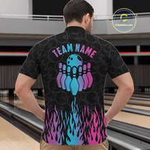 Load image into Gallery viewer, Back view of man wearing a fire flame neon bowling quarter zip shirt in a bowling alley.