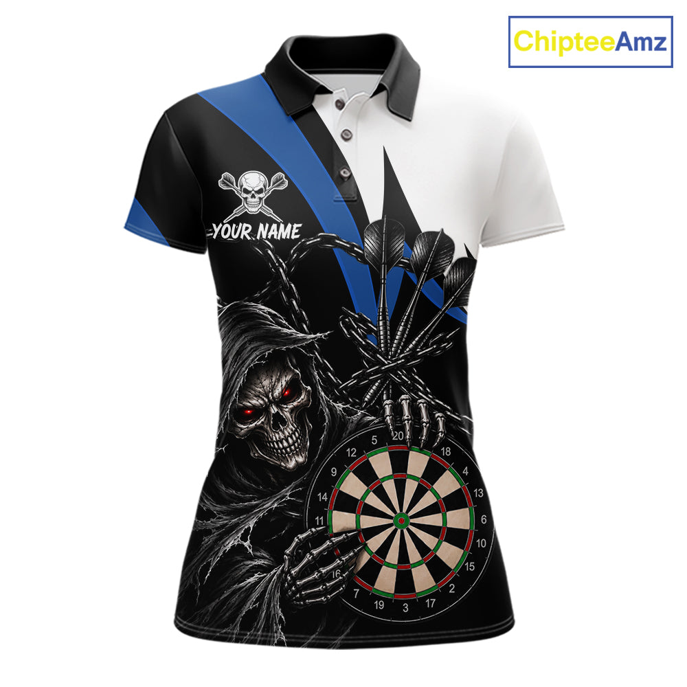 Personalized Grim Reaper Chain Darts Shirts For Women Custom Skull Darts League Team Jersey | Blue TDM7184