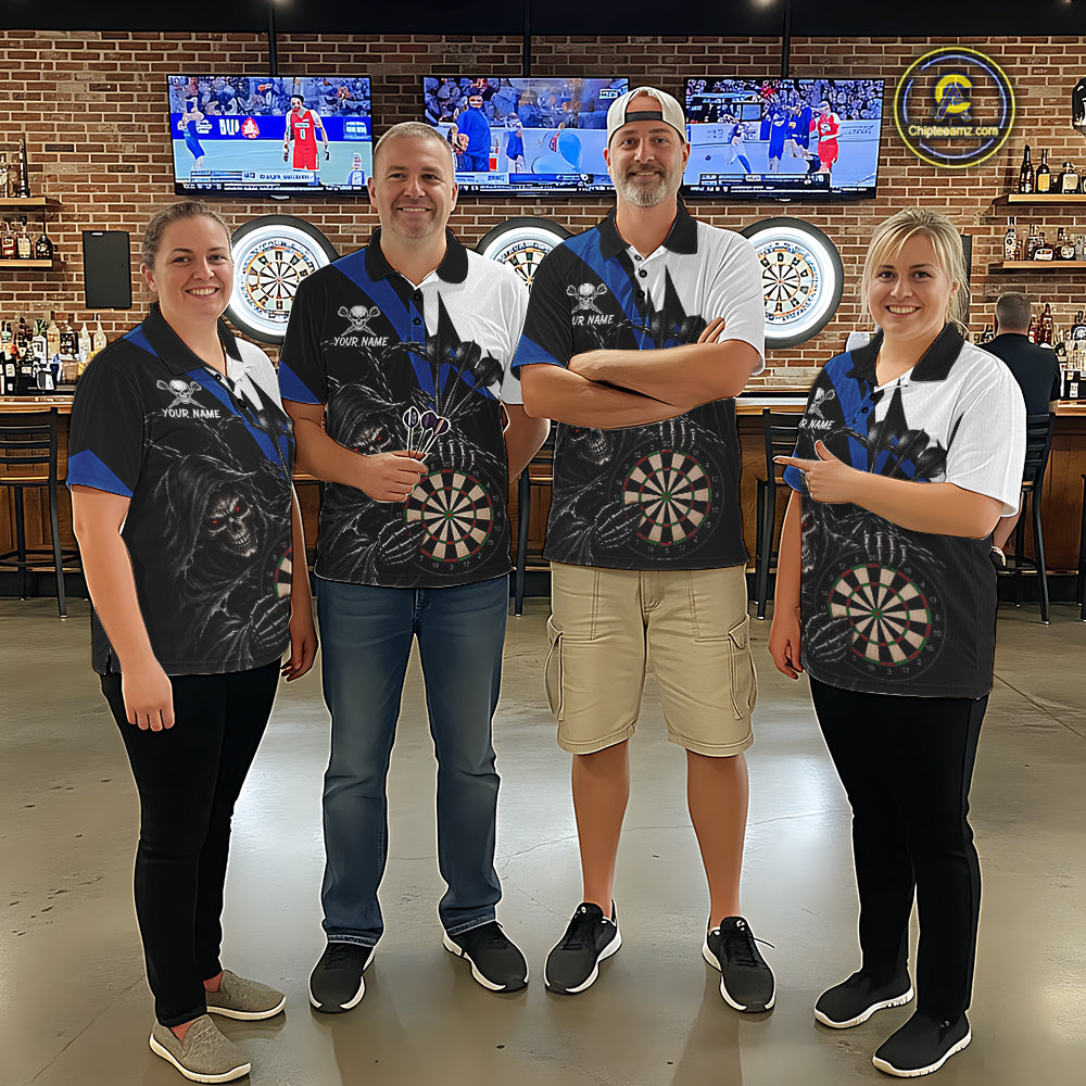 Personalized Grim Reaper Chain Darts Shirts For Men Custom Skull Darts League Team Jersey | Blue TDM7184