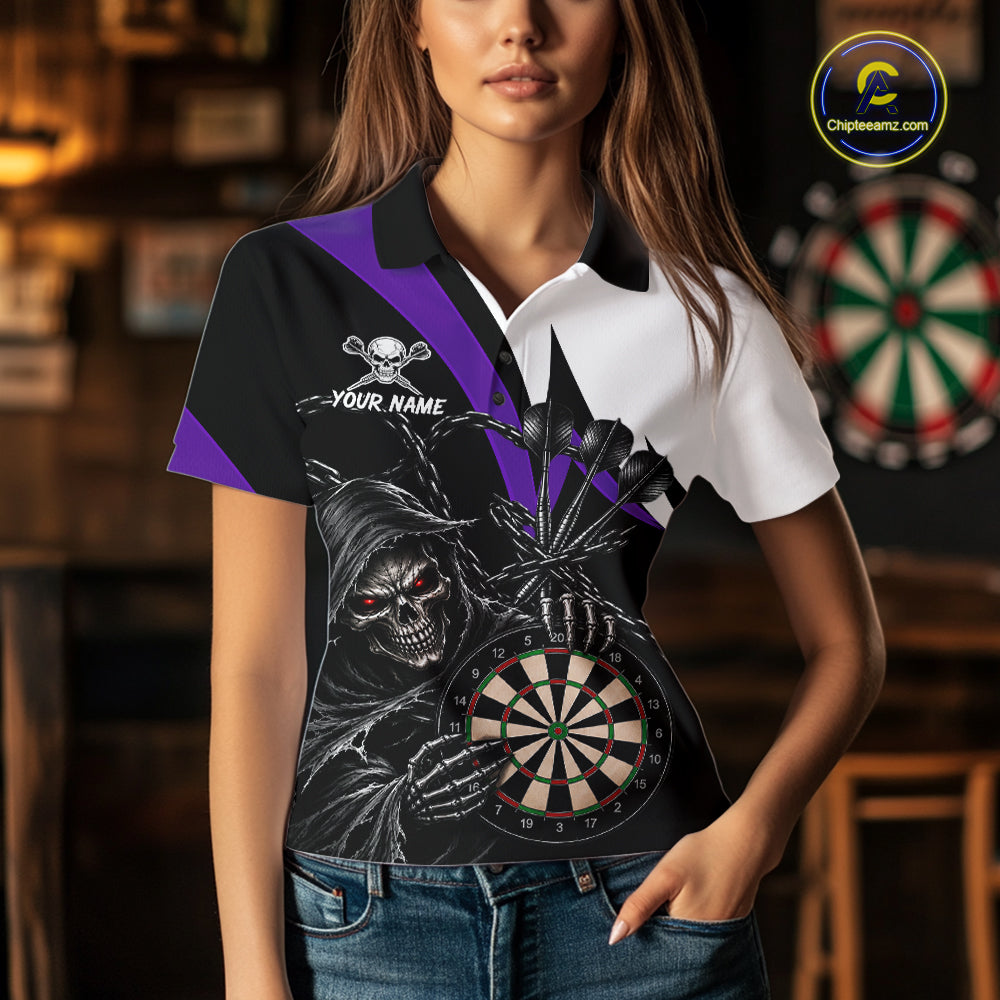 Personalized Grim Reaper Chain Darts Shirts For Women Custom Skull Darts League Team Jersey | Purple TDM7185
