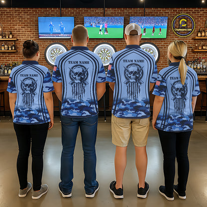Vintage Blue Camo Darts Polo & Quarter Zip Custom Dart Shirts For Women, Camouflage Dart Team Jersey TDM7192