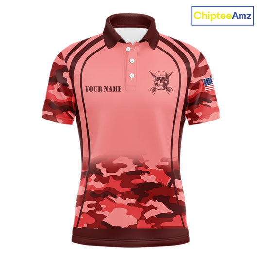 Vintage Red Camo Darts Polo, Quarter Zip Custom Dart Shirts For Men, Camouflage Dart Team Jersey TDM7193