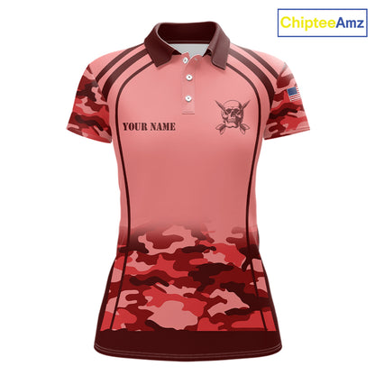 Vintage Red Camo Darts Polo, Quarter Zip Custom Dart Shirts For Women, Camouflage Dart Team Jersey TDM7193