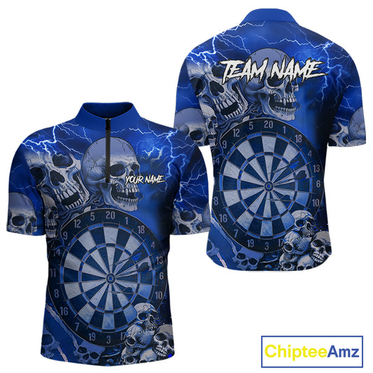 Blue Funny Skull Lightning Darts Shirt For Men Custom Darts Team Jersey Polo & Quarter Zip TDM4980