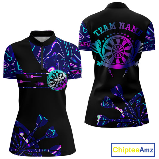 Neon Purple Blue Holographic Womens Dart Shirts Custom Glowing Dart Jersey Team Polo & Quarter Zip TDM5173