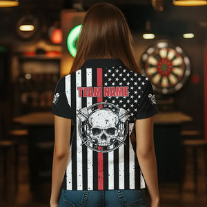 Personalized American Flag Grunge Skull Dart Shirts For Women Custom Patriotic Darts Jerseys | Red TDM3400