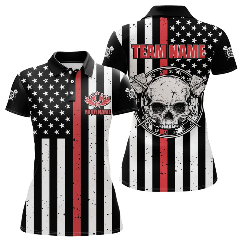 Personalized American Flag Grunge Skull Dart Shirts For Women Custom Patriotic Darts Jerseys | Red TDM3400