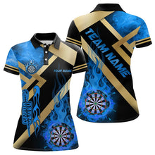 Load image into Gallery viewer, Personalized Gold And Blue Dartboard Fire Flame Custom Darts Shirts For Women, Darts Team Jerseys TDM3401