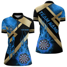 Load image into Gallery viewer, Personalized Gold And Blue Dartboard Fire Flame Custom Darts Shirts For Women, Darts Team Jerseys TDM3401