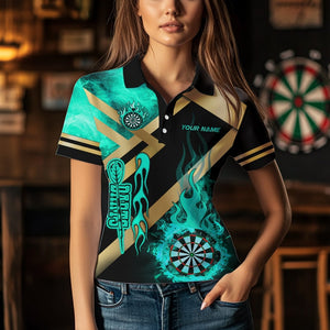 Personalized Gold And Turquoise Dartboard Fire Flame Custom Dart Shirts For Women, Darts Team Jerseys TDM3402