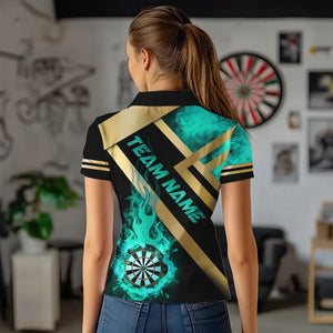 Personalized Gold And Turquoise Dartboard Fire Flame Custom Dart Shirts For Women, Darts Team Jerseys TDM3402