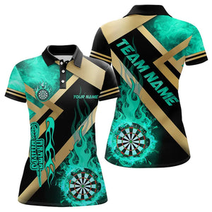 Personalized Gold And Turquoise Dartboard Fire Flame Custom Dart Shirts For Women, Darts Team Jerseys TDM3402