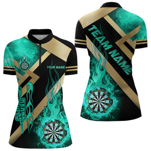 Personalized Gold And Turquoise Dartboard Fire Flame Custom Dart Shirts For Women, Darts Team Jerseys TDM3402