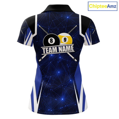 Blue 8 Ball & 9 Ball Pool Billiard Shirt For Women Custom Geometric Billiard Jersey Polo & 1/4 Zip TDM6482