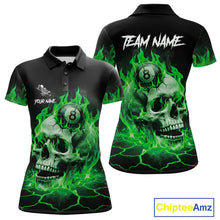Load image into Gallery viewer, Green flaming skull 8 ball billiard polo shirt for women with custom pool team graphics.