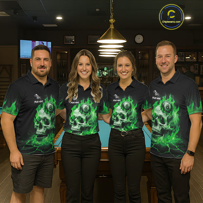 Pool team wearing matching green flaming skull 8 ball billiard jerseys during tournament play front view.
