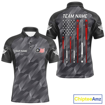 Metal grey American flag 8 ball billiard polo shirt for men with patriotic pool team graphics.