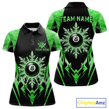 Load image into Gallery viewer, Black and green 8 ball pool icy billiard team jersey polo shirt for women featuring frozen ice effects and bold green highlights, premium custom pool league apparel for tournaments and league play.