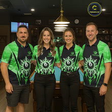 Load image into Gallery viewer, Billiard team wearing matching black and green icy 8 ball pool jerseys featuring the frozen artwork, front view.