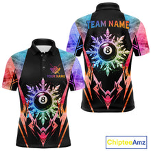 Load image into Gallery viewer, Custom colorful 8 ball pool icy billiard team jersey polo shirt for men featuring vibrant frozen ice artwork, premium pool league apparel for tournaments and competitive billiard players.