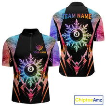 Load image into Gallery viewer, Custom colorful 8 ball pool icy billiard team jersey quarter zip shirt for men featuring colorful frozen 8 ball artwork and premium billiard league styling.