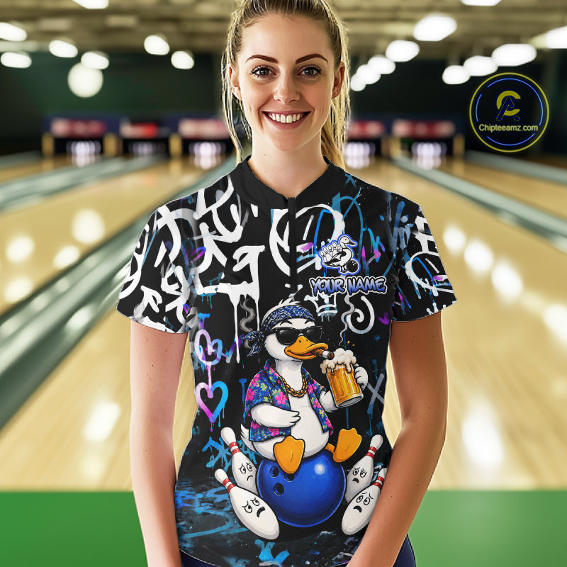 Colorful Graffiti Funny Duck Bowling Jersey For Women Custom Bowling Team Shirts, Gift For Bowlers TDM7210