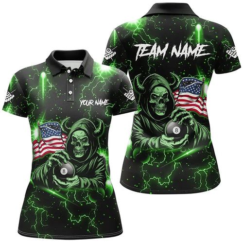 Green Skull Thunder Lightning US Flag Custom Women Billiard Shirts, Patriotic Billiard Team Jerseys TDM2709