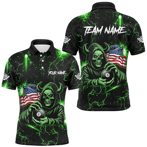 Green Skull Thunder Lightning US Flag Custom Men Billiard Shirts, Patriotic Billiard Team Jerseys TDM2709