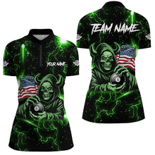 Load image into Gallery viewer, Green Skull Thunder Lightning US Flag Custom Women Billiard Shirts, Patriotic Billiard Team Jerseys TDM2709