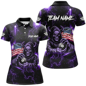 Purple Skull Thunder Lightning US Flag Custom Women Billiard Shirts, Patriotic Billiard Team Jerseys TDM2710